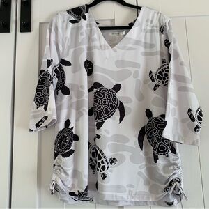 PETSCHE Women’s XL Sea Turtle Print Coastal Top Beach 3/4 Sleeve Shirt